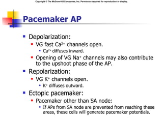 Copyright © The McGraw-Hill Companies, Inc. Permission required for reproduction or display.




Pacemaker AP
   Depolarization:
       VG fast Ca2+ channels open.
              Ca2+ diffuses inward.
       Opening of VG Na+ channels may also contribute
        to the upshoot phase of the AP.
   Repolarization:
       VG K+ channels open.
              K+ diffuses outward.
   Ectopic pacemaker:
       Pacemaker other than SA node:
              If APs from SA node are prevented from reaching these
               areas, these cells will generate pacemaker potentials.
 