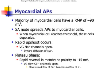 Copyright © The McGraw-Hill Companies, Inc. Permission required for reproduction or display.




    Myocardial APs
   Majority of myocardial cells have a RMP of –90
    mV.
   SA node spreads APs to myocardial cells.
       When myocardial cell reaches threshold, these cells
        depolarize.
   Rapid upshoot occurs:
       VG Na+ channels open.
            Inward diffusion of Na+.
   Plateau phase:
       Rapid reversal in membrane polarity to –15 mV.
            VG slow Ca2+ channels open.
                    Slow inward flow of Ca2+ balances outflow of K+.
 