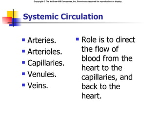 Copyright © The McGraw-Hill Companies, Inc. Permission required for reproduction or display.




Systemic Circulation

   Arteries.                                         Role is to direct
   Arterioles.                                        the flow of
                                                       blood from the
   Capillaries.
                                                       heart to the
   Venules.                                           capillaries, and
   Veins.                                             back to the
                                                       heart.
 