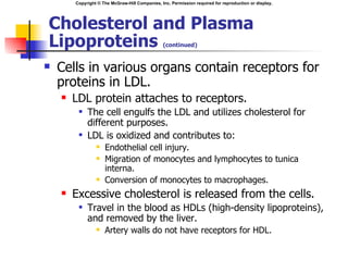 Copyright © The McGraw-Hill Companies, Inc. Permission required for reproduction or display.




Cholesterol and Plasma
Lipoproteins                                    (continued)


   Cells in various organs contain receptors for
    proteins in LDL.
       LDL protein attaches to receptors.
            The cell engulfs the LDL and utilizes cholesterol for
             different purposes.
            LDL is oxidized and contributes to:
                    Endothelial cell injury.
                    Migration of monocytes and lymphocytes to tunica
                     interna.
                    Conversion of monocytes to macrophages.
       Excessive cholesterol is released from the cells.
            Travel in the blood as HDLs (high-density lipoproteins),
             and removed by the liver.
                    Artery walls do not have receptors for HDL.
 