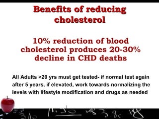 Benefits of reducing cholesterol 10% reduction of blood cholesterol produces 20-30% decline in CHD deaths All Adults >20 yrs must get tested- if normal test again after 5 years, if elevated, work towards normalizing the levels with lifestyle modification and drugs as needed 
