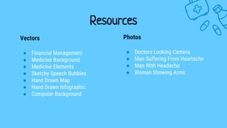 Resources
Vectors
● Financial Management
● Medicine Background
● Medicine Elements
● Sketchy Speech Bubbles
● Hand Drawn Map
● Hand Drawn Infographic
● Computer Background
Photos
● Doctors Looking Camera
● Man Suffering From Heartache
● Man With Headache
● Woman Showing Arms
 
