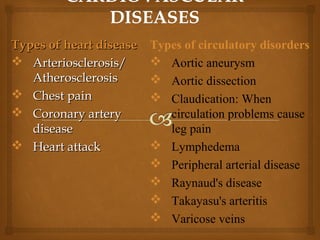 Types of heart diseaseTypes of heart disease
 Arteriosclerosis/Arteriosclerosis/
AtherosclerosisAtherosclerosis
 Chest painChest pain
 Coronary arteryCoronary artery
diseasedisease
 Heart attackHeart attack
Types of circulatory disorders
 Aortic aneurysm
 Aortic dissection
 Claudication: When
circulation problems cause
leg pain
 Lymphedema
 Peripheral arterial disease
 Raynaud's disease
 Takayasu's arteritis
 Varicose veins
 