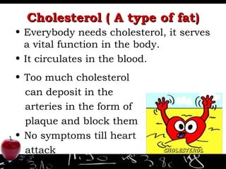 Cholesterol ( A type of fat) Everybody needs cholesterol, it serves a vital function in the body. It circulates in the blood. Too much cholesterol  can deposit in the  arteries in the form of  plaque and block them No symptoms till heart  attack 