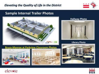 Elevating the Quality of Life in the District
 Elevating the Quality of Life in the District
Sample Internal Trailer Photos
                                                 Hallway Photo




                                                  Library Photo

Bruce-Monroe at Parkview Classroom Photos
 