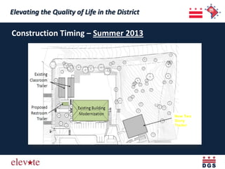 Elevating the Quality of Life in the District
 Elevating the Quality of Life in the District
Construction Timing – Summer 2013




                                                 New Two
                                                 Story
                                                 Trailer
 