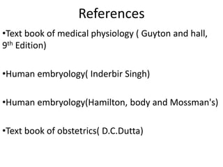 References
•Text book of medical physiology ( Guyton and hall,
9th Edition)

•Human embryology( Inderbir Singh)

•Human embryology(Hamilton, body and Mossman's)

•Text book of obstetrics( D.C.Dutta)
 