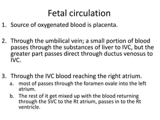 Fetal circulation
1. Source of oxygenated blood is placenta.

2. Through the umbilical vein; a small portion of blood
   passes through the substances of liver to IVC, but the
   greater part passes direct through ductus venosus to
   IVC.

3. Through the IVC blood reaching the right atrium.
  a. most of passes through the foramen ovale into the left
     atrium.
  b. The rest of it get mixed up with the blood returning
     through the SVC to the Rt atrium, passes in to the Rt
     ventricle.
 