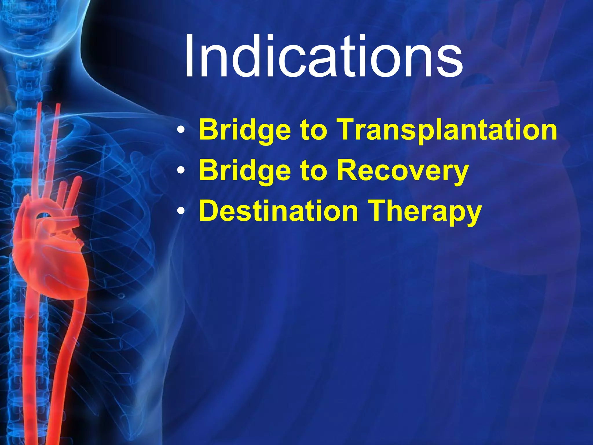 Indications Bridge to Transplantation Bridge to Recovery Destination Therapy 