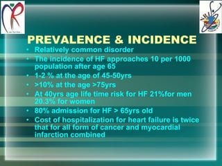 Relatively common disorder The incidence of HF approaches 10 per 1000 population after age 65 1-2 % at the age of 45-50yrs >10% at the age >75yrs At 40yrs age life time risk for HF 21%for men 20.3% for women 80% admission for HF > 65yrs old Cost of hospitalization for heart failure is twice that for all form of cancer and myocardial infarction combined PREVALENCE & INCIDENCE 