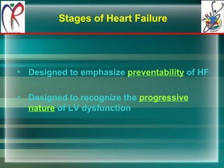 Stages of Heart Failure Designed to emphasize  preventability  of HF Designed to recognize the  progressive nature  of LV dysfunction 