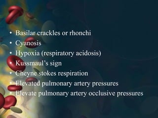 • Basilar crackles or rhonchi
• Cyanosis
• Hypoxia (respiratory acidosis)
• Kussmaul’s sign
• Cheyne stokes respiration
• Elevated pulmonary artery pressures
• Elevate pulmonary artery occlusive pressures
 