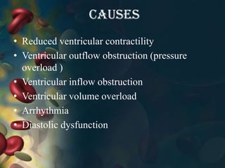 causes
• Reduced ventricular contractility
• Ventricular outflow obstruction (pressure
overload )
• Ventricular inflow obstruction
• Ventricular volume overload
• Arrhythmia
• Diastolic dysfunction
 