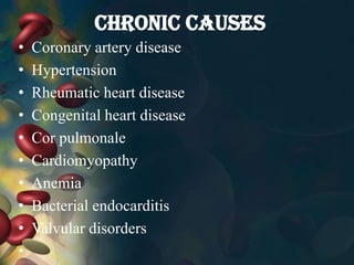 Chronic causes
• Coronary artery disease
• Hypertension
• Rheumatic heart disease
• Congenital heart disease
• Cor pulmonale
• Cardiomyopathy
• Anemia
• Bacterial endocarditis
• Valvular disorders
•
 