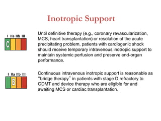 Inotropic Support
Until definitive therapy (e.g., coronary revascularization,
MCS, heart transplantation) or resolution of the acute
precipitating problem, patients with cardiogenic shock
should receive temporary intravenous inotropic support to
maintain systemic perfusion and preserve end-organ
performance.
Continuous intravenous inotropic support is reasonable as
“bridge therapy” in patients with stage D refractory to
GDMT and device therapy who are eligible for and
awaiting MCS or cardiac transplantation.
I IIa IIb III
I IIa IIb III
 