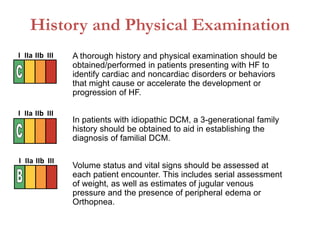 A thorough history and physical examination should be
obtained/performed in patients presenting with HF to
identify cardiac and noncardiac disorders or behaviors
that might cause or accelerate the development or
progression of HF.
In patients with idiopathic DCM, a 3-generational family
history should be obtained to aid in establishing the
diagnosis of familial DCM.
Volume status and vital signs should be assessed at
each patient encounter. This includes serial assessment
of weight, as well as estimates of jugular venous
pressure and the presence of peripheral edema or
Orthopnea.
History and Physical Examination
I IIa IIb III
I IIa IIb III
I IIa IIb III
 