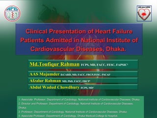 Md.Toufiqur RahmanMd.Toufiqur Rahman FCPS, MD, FACC, FESC, FAPSIC1
AAS MajumderAAS Majumder D.CARD, MD, FACC, FRCP,FESC, FSCAI2
Afzalur RahmanAfzalur Rahman MD, PhD, FACC, FRCP3
Abdul Wadud ChowdhuryAbdul Wadud Chowdhury FCPS, MD4
Clinical Presentation of Heart FailureClinical Presentation of Heart Failure
Patients Admitted in National Institute ofPatients Admitted in National Institute of
Cardiovascular Diseases, Dhaka.Cardiovascular Diseases, Dhaka.
1. Associate Professor, Department of Cardiology, National Institute of Cardiovascular Diseases, Dhaka.1. Associate Professor, Department of Cardiology, National Institute of Cardiovascular Diseases, Dhaka.
2. Director and Professor, Department of Cardiology, National Institute of Cardiovascular Diseases,2. Director and Professor, Department of Cardiology, National Institute of Cardiovascular Diseases,
Dhaka.Dhaka.
3. Professor, Department of Cardiology, National Institute of Cardiovascular Diseases, Dhaka.3. Professor, Department of Cardiology, National Institute of Cardiovascular Diseases, Dhaka.
4. Associate Professor, Department of Cardiology, Dhaka Medical College & Hospital.4. Associate Professor, Department of Cardiology, Dhaka Medical College & Hospital.
 