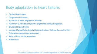 Body adaptation to heart failure:
1. Cardiac Hypertrophy
2. Congestion of chambers
3. Activation of Renin Angiotensin Pathway
4. Pulmonary (Left Side) or Systemic (Right Side) Venous Congestion.
5. Dilutional Hyponatremia
6. Increased Sympathetic Activity( Vasoconstriction, Tachycardia, contractility
7. Endothelin release( Vasoconstriction)
8. Reduced Nitric Oxide production.
9. Bradycardia.
2013 ACCF/AHA Guideline for the Management of Heart Failure
 