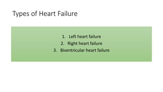 Types of Heart Failure
1. Left heart failure
2. Right heart failure
3. Biventricular heart failure
 