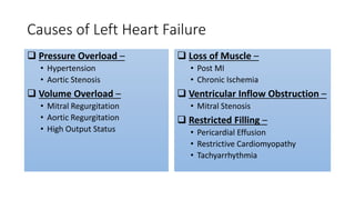 Causes of Left Heart Failure
 Pressure Overload –
• Hypertension
• Aortic Stenosis
 Volume Overload –
• Mitral Regurgitation
• Aortic Regurgitation
• High Output Status
 Loss of Muscle –
• Post MI
• Chronic Ischemia
 Ventricular Inflow Obstruction –
• Mitral Stenosis
 Restricted Filling –
• Pericardial Effusion
• Restrictive Cardiomyopathy
• Tachyarrhythmia
 