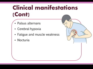 ▪ Pulsus alternans
▪ Cerebral hypoxia
▪ Fatigue and muscle weakness
▪ Nocturia
Clinical manifestations
(Cont)
 