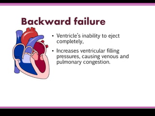 Backward failure
▪ Ventricle’s inability to eject
completely,
▪ Increases ventricular filling
pressures, causing venous and
pulmonary congestion.
 