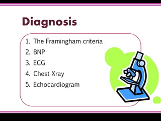 Diagnosis
1. The Framingham criteria
2. BNP
3. ECG
4. Chest Xray
5. Echocardiogram
 