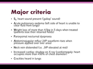 Major criteria
▪ S3 heart sound present (‘gallop’ sound)
▪ Acute pulmonary oedema (left side of heart is unable to
clear fluid from lungs)
▪ Weight loss of more than 4.5kg in 5 days when treated
(patients lose their retained fluids)
▪ Paroxysmal nocturnal dyspnoea
▪ Abdominojugular reflux (JVP waveform rises when
pressure applied over liver area)
▪ Neck vein distended (i.e. JVP elevated at rest)
▪ Increased cardiac shadow on X-ray (cardiomegaly: heart
occupies more than ≈50% of chest diameter)
▪ Crackles heard in lungs
 