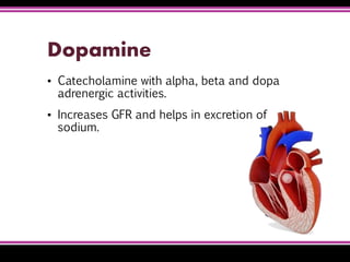 Dopamine
▪ Catecholamine with alpha, beta and dopa
adrenergic activities.
▪ Increases GFR and helps in excretion of
sodium.
 