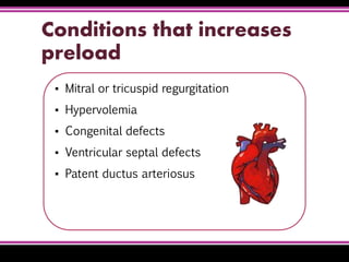 Conditions that increases
preload
▪ Mitral or tricuspid regurgitation
▪ Hypervolemia
▪ Congenital defects
▪ Ventricular septal defects
▪ Patent ductus arteriosus
 