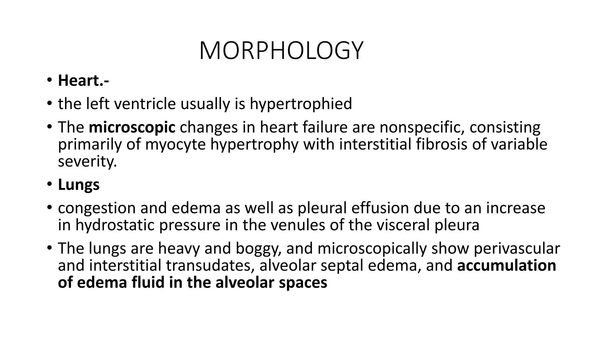MORPHOLOGY
• Heart.-
• the left ventricle usually is hypertrophied
• The microscopic changes in heart failure are nonspecific, consisting
primarily of myocyte hypertrophy with interstitial fibrosis of variable
severity.
• Lungs
• congestion and edema as well as pleural effusion due to an increase
in hydrostatic pressure in the venules of the visceral pleura
• The lungs are heavy and boggy, and microscopically show perivascular
and interstitial transudates, alveolar septal edema, and accumulation
of edema fluid in the alveolar spaces
 
