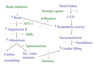 Heart Failure
 CO
 Sympathetic activity
Vasoconstriction
 Cardiac filling
 Renin
 Angiotensin II
 Aldosterone
Na+, water
retention
Cardiac
remodeling
Inotropic agents
-Blockers
Renin inhibitors
ACE 
ARBs
Spironolactone
Diuretics
Vasodilators
 