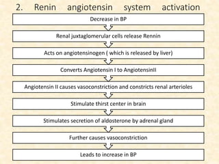 2. Renin angiotensin system activation
Leads to increase in BP
Further causes vasoconstriction
Stimulates secretion of aldosterone by adrenal gland
Stimulate thirst center in brain
Angiotensin II causes vasoconstriction and constricts renal arterioles
Converts Angiotensin I to AngiotensinII
Acts on angiotensinogen ( which is released by liver)
Renal juxtaglomerular cells release Rennin
Decrease in BP
 