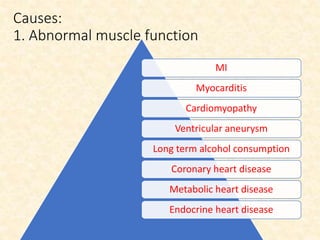 Causes:
1. Abnormal muscle function
MI
Myocarditis
Cardiomyopathy
Ventricular aneurysm
Long term alcohol consumption
Coronary heart disease
Metabolic heart disease
Endocrine heart disease
 