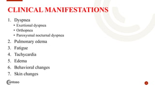 13
CLINICAL MANIFESTATIONS
1. Dyspnea
• Exertional dyspnea
• Orthopnea
• Paroxysmal nocturnal dyspnea
2. Pulmonary edema
3. Fatigue
4. Tachycardia
5. Edema
6. Behavioral changes
7. Skin changes
 