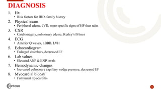 16
DIAGNOSIS
1. Hx
• Risk factors for IHD, family history
2. Physical exam
• Peripheral edema, JVD, more specific signs of HF than rales
3. CXR
• Cardiomegaly, pulmonary edema, Kerley’s B lines
4. ECG
• Anterior Q waves, LBBB, LVH
5. Echocardiogram
• Enlarged chambers, decreased EF
6. Lab values
• Elevated ANP & BNP levels
7. Hemodynamic changes
• Increased pulmonary capillary wedge pressure, decreased EF
8. Myocardial biopsy
• Fulminant myocarditis
 
