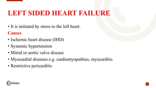 21
LEFT SIDED HEART FAILURE
• It is initiated by stress to the left heart.
Causes
• Ischemic heart disease (IHD)
• Systemic hypertension
• Mitral or aortic valve disease
• Myocardial diseases e.g. cardiomyopathies, myocarditis
• Restrictive pericarditis
 
