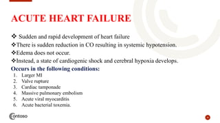 26
ACUTE HEART FAILURE
 Sudden and rapid development of heart failure
There is sudden reduction in CO resulting in systemic hypotension.
Edema does not occur.
Instead, a state of cardiogenic shock and cerebral hypoxia develops.
Occurs in the following conditions:
1. Larger MI
2. Valve rupture
3. Cardiac tamponade
4. Massive pulmonary embolism
5. Acute viral myocarditis
6. Acute bacterial toxemia.
 