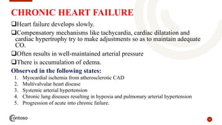 27
CHRONIC HEART FAILURE
Heart failure develops slowly.
Compensatory mechanisms like tachycardia, cardiac dilatation and
cardiac hypertrophy try to make adjustments so as to maintain adequate
CO.
Often results in well-maintained arterial pressure
There is accumulation of edema.
Observed in the following states:
1. Myocardial ischemia from atherosclerotic CAD
2. Multivalvular heart disease
3. Systemic arterial hypertension
4. Chronic lung diseases resulting in hypoxia and pulmonary arterial hypertension
5. Progression of acute into chronic failure.
 
