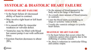 29
SYSTOLIC & DIASTOLIC HEART FAILURE
SYSTOLIC HEART FAILURE
• Is the heart failure d/t decreased
ability of heart to contract.
• May involve right heart or left heart
or both.
• It is caused either by muscular
weakness or valvular defect.
• Ventricles may be filled with blood
but cannot pump it out with sufficient
force.
• Ejection fraction decreases to about
20%.
• So the amount of blood pumped to the
body and to the lungs is decreased.
• As a result, more amount of blood remains
in ventricle.
• Later the blood starts accumulating in
lungs or systemic veins or both.
• Usually the ventricle enlarges in systolic
heart failure.
DIASTOLIC HEART FAILURE
• Is the heart failure that occurs when the
ventricles cannot relax properly due to the
stiffening of cardiac muscle.
• So, there is reduction in ventricular filling
and cardiac output.
 