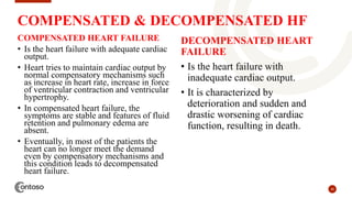 30
COMPENSATED & DECOMPENSATED HF
COMPENSATED HEART FAILURE
• Is the heart failure with adequate cardiac
output.
• Heart tries to maintain cardiac output by
normal compensatory mechanisms such
as increase in heart rate, increase in force
of ventricular contraction and ventricular
hypertrophy.
• In compensated heart failure, the
symptoms are stable and features of fluid
retention and pulmonary edema are
absent.
• Eventually, in most of the patients the
heart can no longer meet the demand
even by compensatory mechanisms and
this condition leads to decompensated
heart failure.
DECOMPENSATED HEART
FAILURE
• Is the heart failure with
inadequate cardiac output.
• It is characterized by
deterioration and sudden and
drastic worsening of cardiac
function, resulting in death.
 