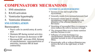 8
COMPENSATORY MECHANISMS
1. SNS stimulation
2. RAAS activation
3. Ventricular hypertrophy
4. Ventricular dilatation
SNS STIMULATION
Baroreceptors
• Nerve cells in carotid artery & aortic
arch
• Maintain BP during normal activities
• React to increases & decreases in BP
• Decreased BP –activates SNS; Release
of catecholamines, vasoconstriction of
arterioles; increases HR & heart
contractility
VENTRICULAR HYPERTROPHY
 Increase in size and weight of the
myocardium.
 Generally results from increased pressure load
 Increased volume load d/t valvular
incompetence results in hypertrophy with
dilatation of the affected chamber (Cor
Bovinum)
 Stretching of myocardial fibres in response to
stress induces the cells to increase in length.
 The elongated fibres receive better nutrition
and thus increase in size.
 Influence of certain hormones (e.g.
catecholamines, pituitary GH) may also
stimulate increase in size of myocardial
fibres.
 Hypertrophy with or without dilatation may
involve the left or the right heart, or both
sides.
 