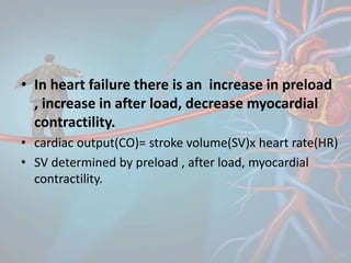 • In heart failure there is an increase in preload
, increase in after load, decrease myocardial
contractility.
• cardiac output(CO)= stroke volume(SV)x heart rate(HR)
• SV determined by preload , after load, myocardial
contractility.
 
