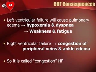 CHF Consequences
• Left ventricular failure will cause pulmonary
edema → hypoxemia & dyspnea
→ Weakness & fatigue
• Right ventricular failure → congestion of
peripheral veins & ankle edema
• So it is called “congestion” HF
 