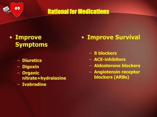 Rational for Medications
• Improve
Symptoms
– Diuretics
– Digoxin
– Organic
nitrate+hydralazine
– Ivabradine
• Improve Survival
– ß blockers
– ACE-inhibitors
– Aldosterone blockers
– Angiotensin receptor
blockers (ARBs)
 