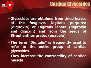 Cardiac Glycosides
– Glycosides are obtained from dried leaves
of the foxglove, Digitalis purpurea
(digitoxin) or Digitalis lanata (digitoxin
and digoxin) and from the seeds of
Strophanthus gratus (ouabain)
– The term “Digitalis” is frequently used to
refer to the entire group of cardiac
glycosides
– They increase the contractility of cardiac
muscle
 
