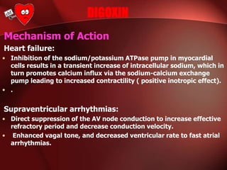 DIGOXIN
Mechanism of Action
Heart failure:
• Inhibition of the sodium/potassium ATPase pump in myocardial
cells results in a transient increase of intracellular sodium, which in
turn promotes calcium influx via the sodium-calcium exchange
pump leading to increased contractility ( positive inotropic effect).
• .
Supraventricular arrhythmias:
• Direct suppression of the AV node conduction to increase effective
refractory period and decrease conduction velocity.
• Enhanced vagal tone, and decreased ventricular rate to fast atrial
arrhythmias.
 