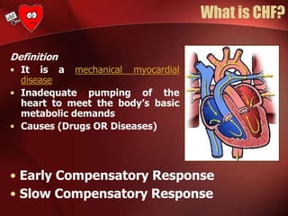 What is CHF?
Definition
• It is a mechanical myocardial
disease
• Inadequate pumping of the
heart to meet the body’s basic
metabolic demands
• Causes (Drugs OR Diseases)
• Early Compensatory Response
• Slow Compensatory Response
 
