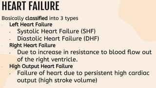 HEART FAILURE
Basically classified into 3 types
• Left Heart Failure
• Systolic Heart Failure (SHF)
• Diastolic Heart Failure (DHF)
• Right Heart Failure
• Due to increase in resistance to blood flow out
of the right ventricle.
• High Output Heart Failure
• Failure of heart due to persistent high cardiac
output (high stroke volume)
 