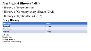 Past Medical History (PMH)
• History of Hypertension.
• History of Coronary artery disease (CAD
• History of Dyslipidemia (DLP)
Drug History
Medication Period
Ramipril 2 years
Atorvastatin 1 year
Aspirin 2 years
Allergies
No allergies.
Family History
No known family history.
 